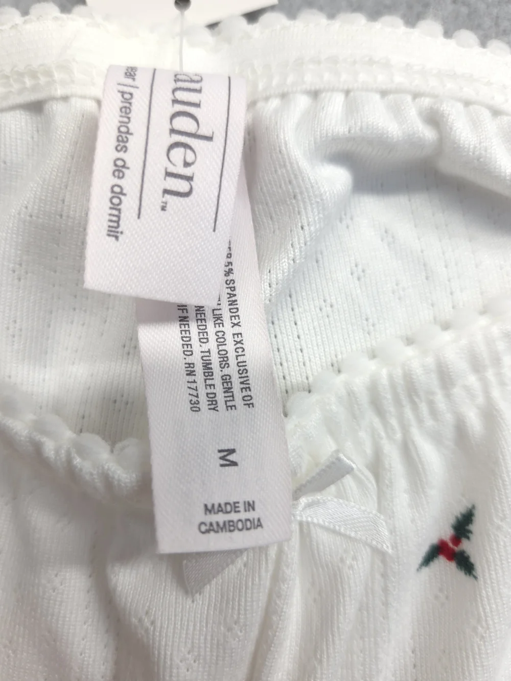 0379 Auden White Short-Sleeve Pajama Set with Tiny Red & Green Floral Motif